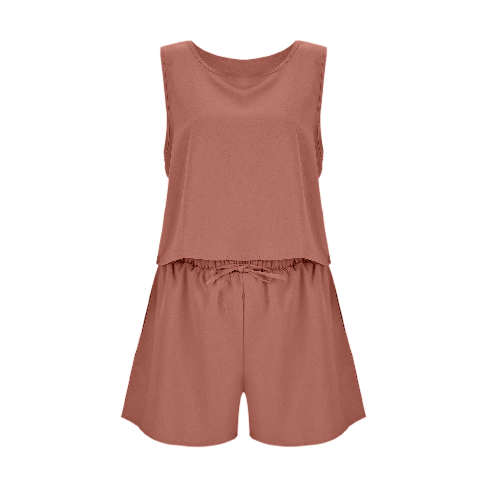 thumbnail image 4 of Conjunto de dos piezas de pantalones cortos holgados de cintura alta sin mangas en color liso para mujer, ideal para la primavera y el verano: elegante, transpirable y fácil de combinar., 4 of 5